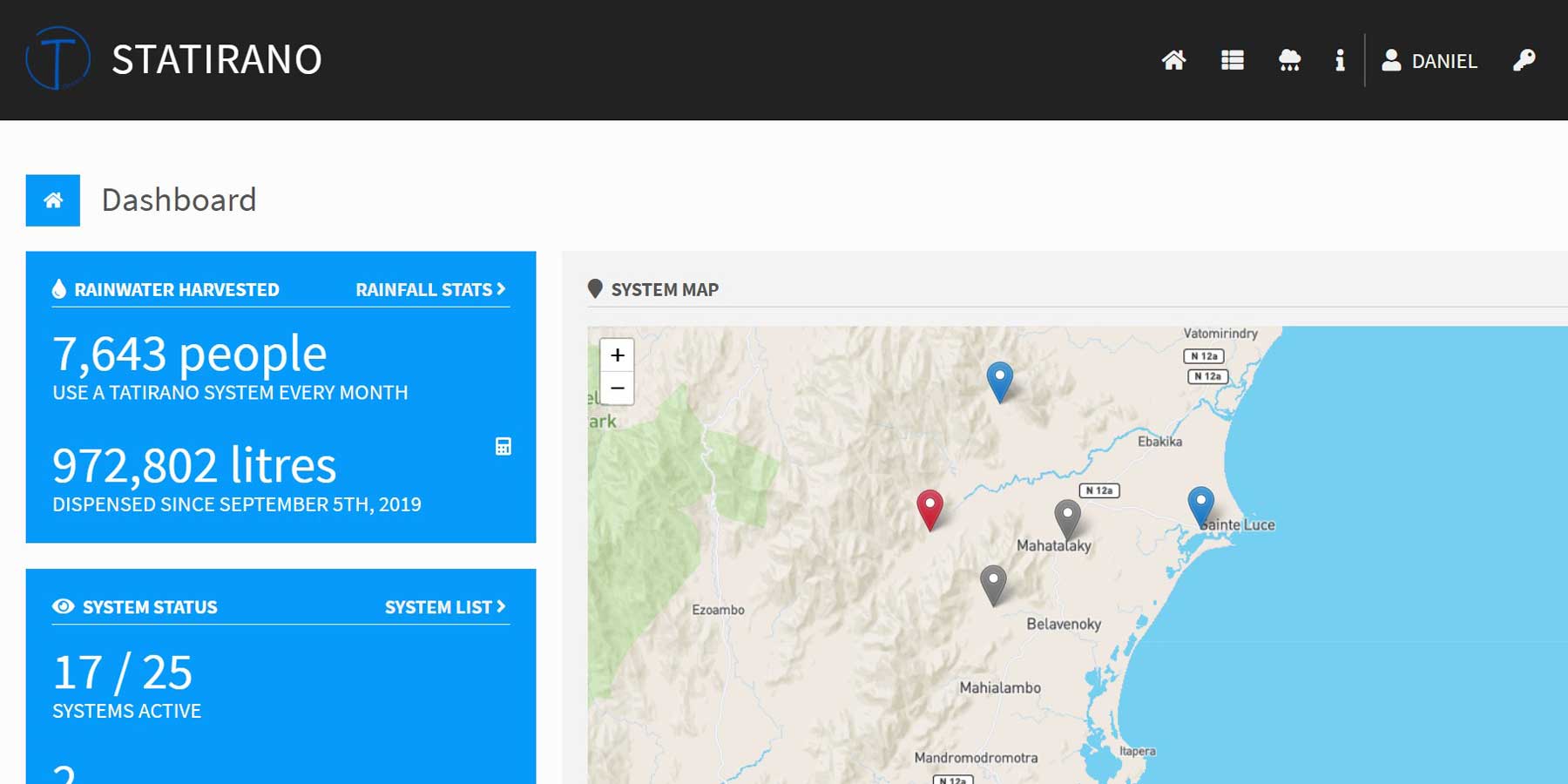 Statirano website interface, showing a GIS display of system locations via OpenStreetMap