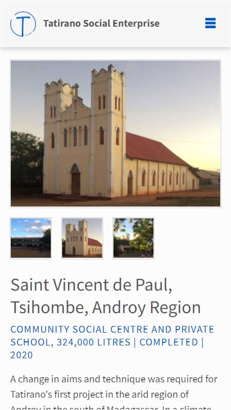 Screenshot of the Tatirano website on mobile showing responsive design